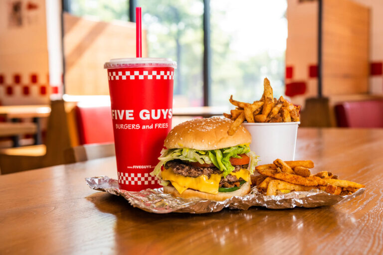 Burger, Fries, & Drink on a Table at Five Guys